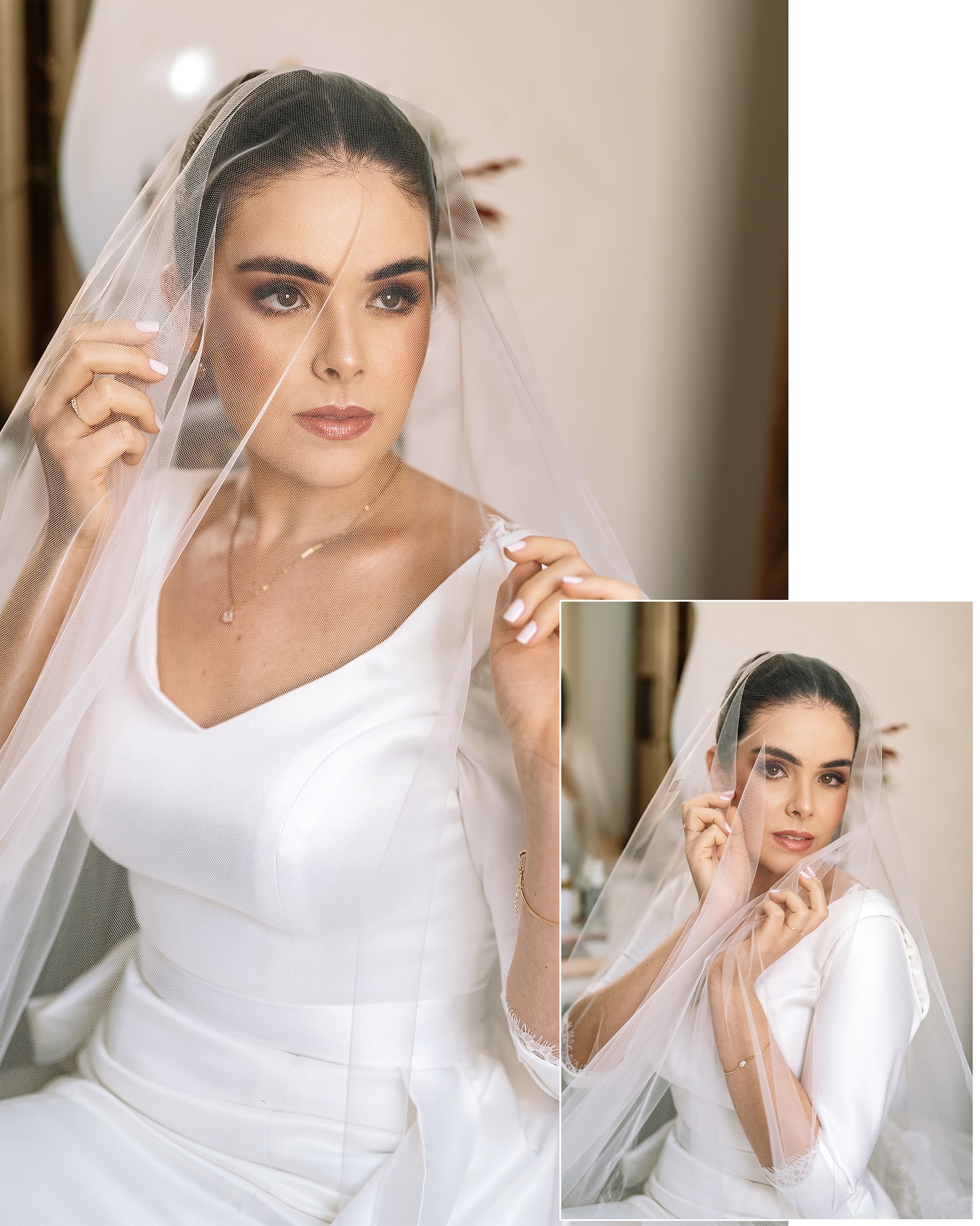 Noiva produzida com maquiagem sofisticada sob o véu